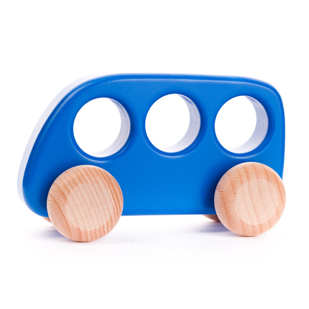 Bajo kids handmade wooden bus toy in blue on a white background
