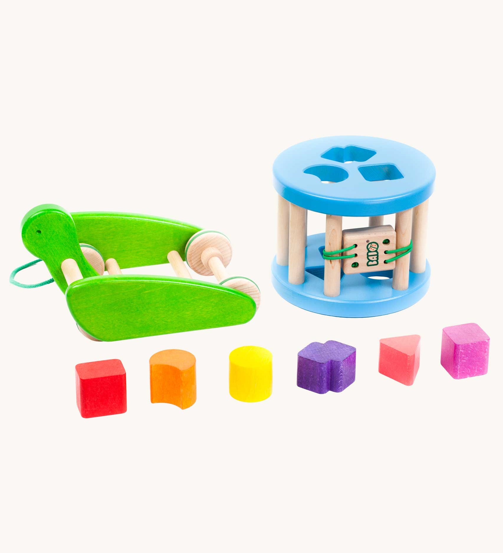 Bajo Blue Snail Sort Roller. A circular shaped wooden shape sorter toy that sits on a pull along snail base. 