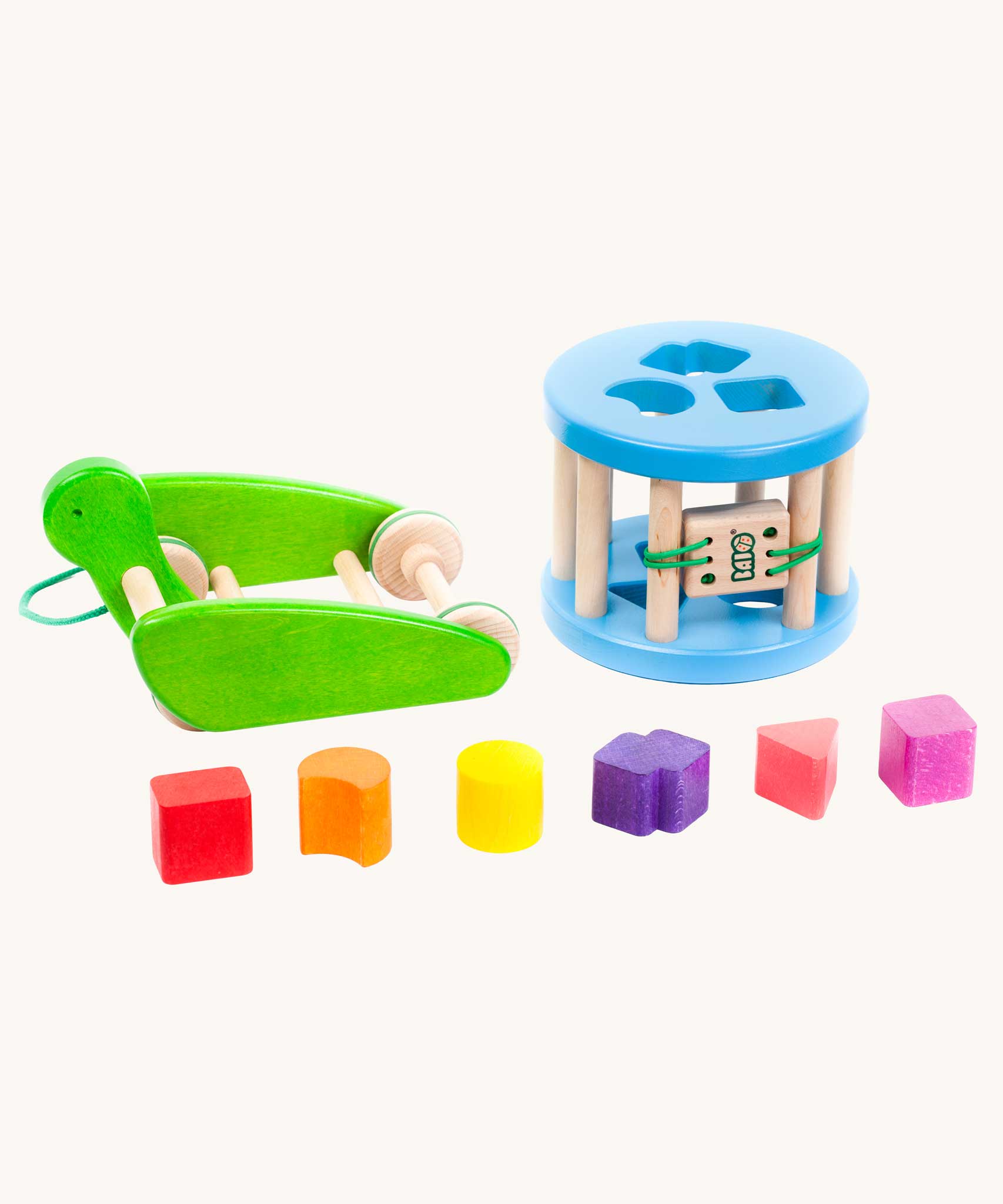 Bajo Blue Snail Sort Roller. A circular shaped wooden shape sorter toy that sits on a pull along snail base. 