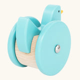 Back of the Bajo blue wobbling chicken wooden push along toy. 