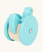 Back of the Bajo blue wobbling chicken wooden push along toy. 