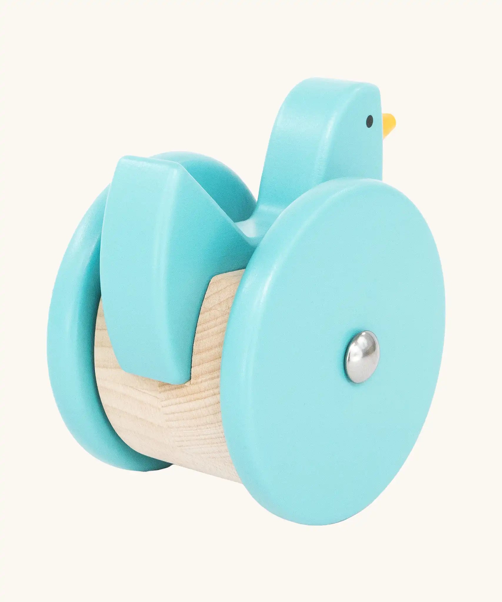 Back of the Bajo blue wobbling chicken wooden push along toy. 