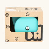 Bajo blue wobbling chicken wooden push along toy shown in it's cardboard packaging box.