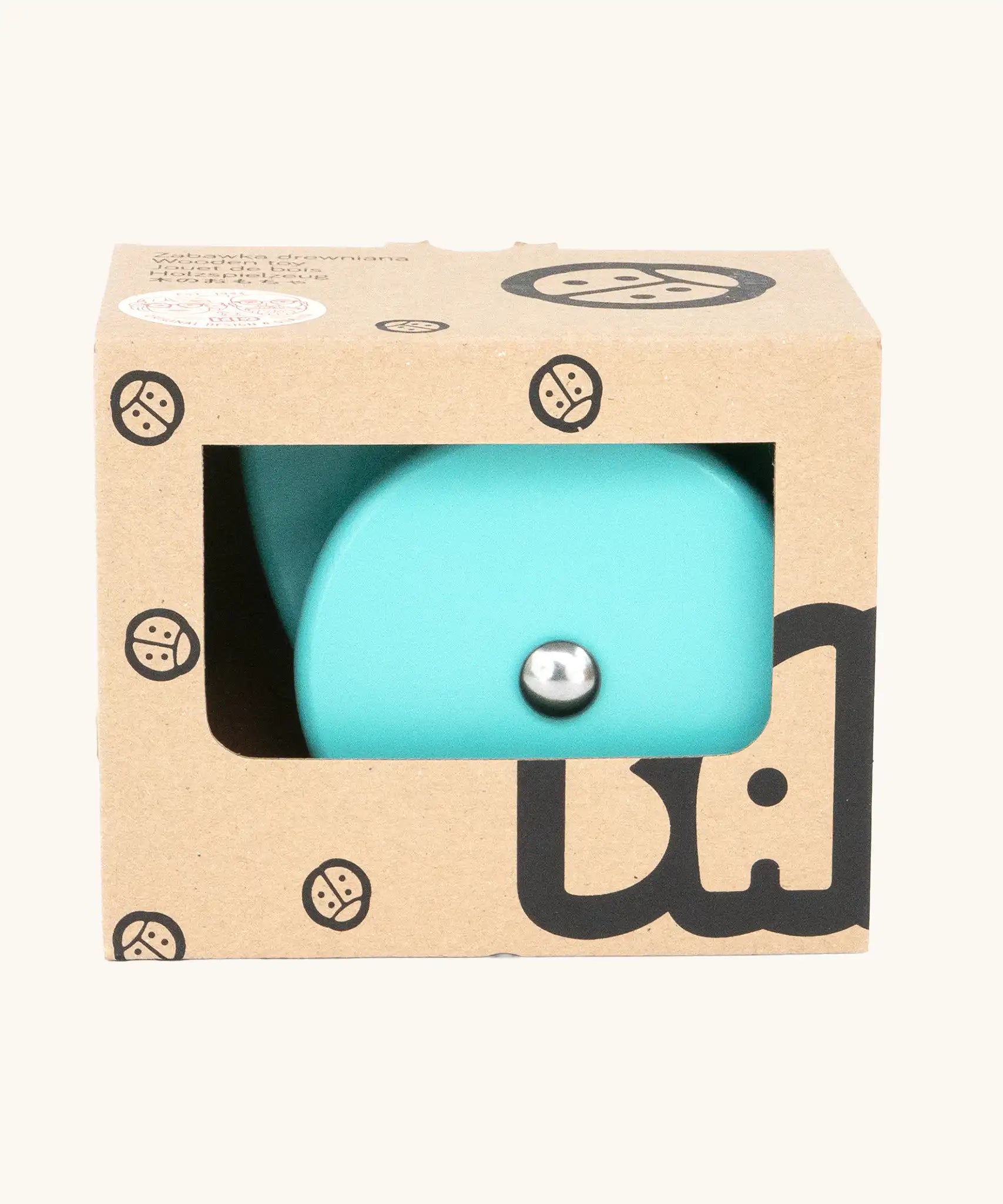 Bajo blue wobbling chicken wooden push along toy shown in it's cardboard packaging box.