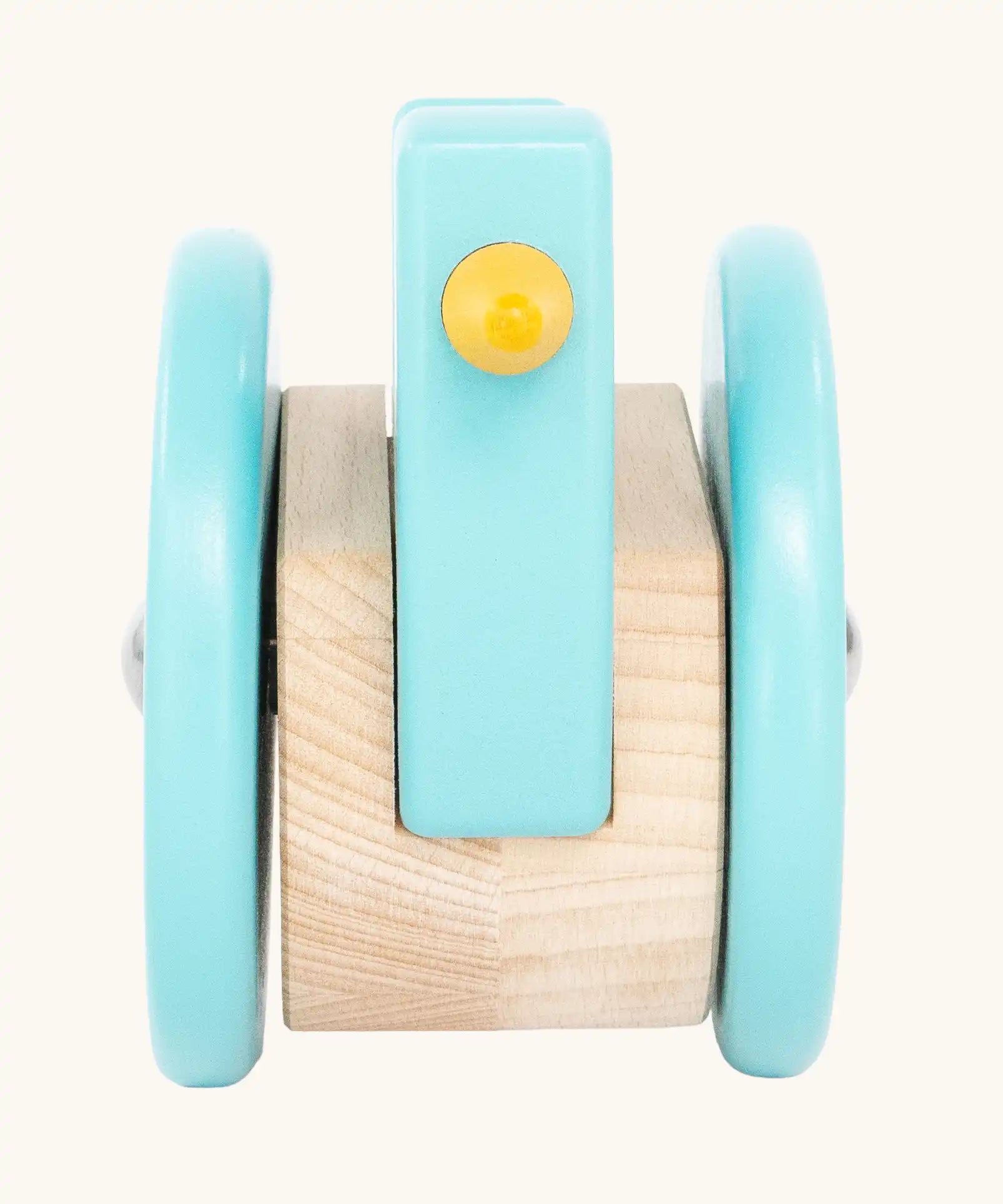 Front of the Bajo blue wobbling chicken wooden push along toy. 