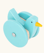 view of top of the Bajo blue wobbling chicken wooden push along toy. 