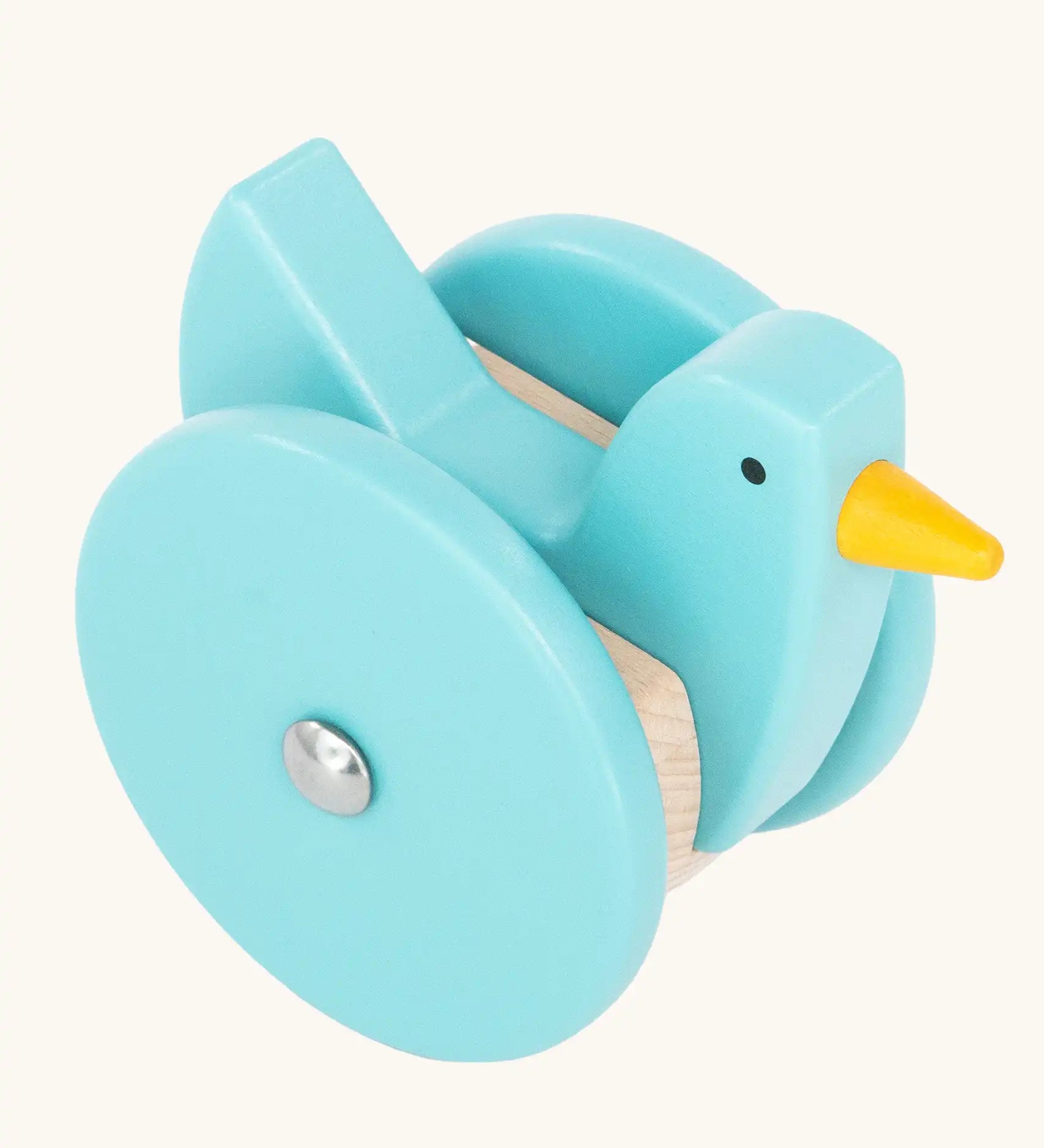 view of top of the Bajo blue wobbling chicken wooden push along toy. 