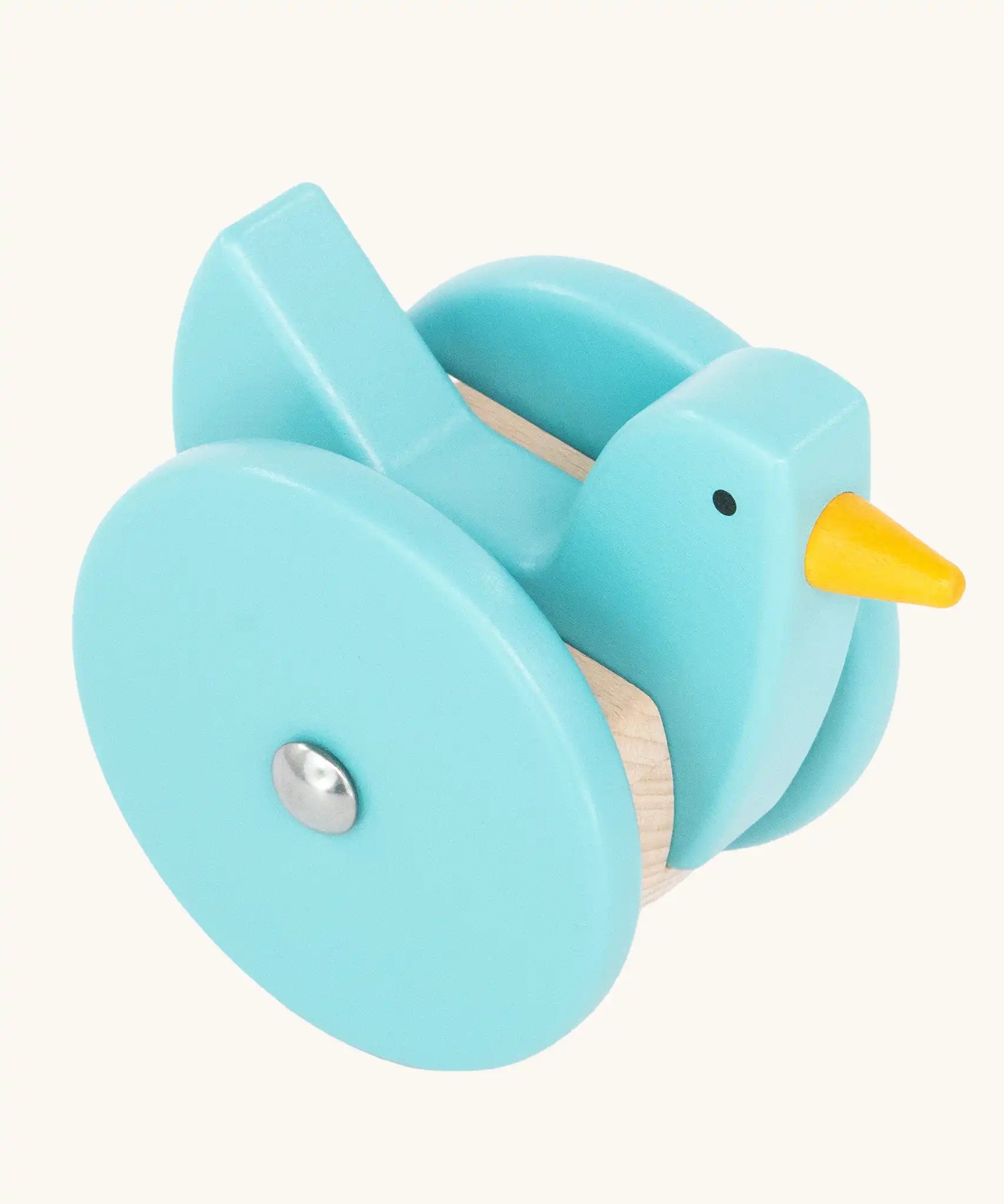 view of top of the Bajo blue wobbling chicken wooden push along toy. 