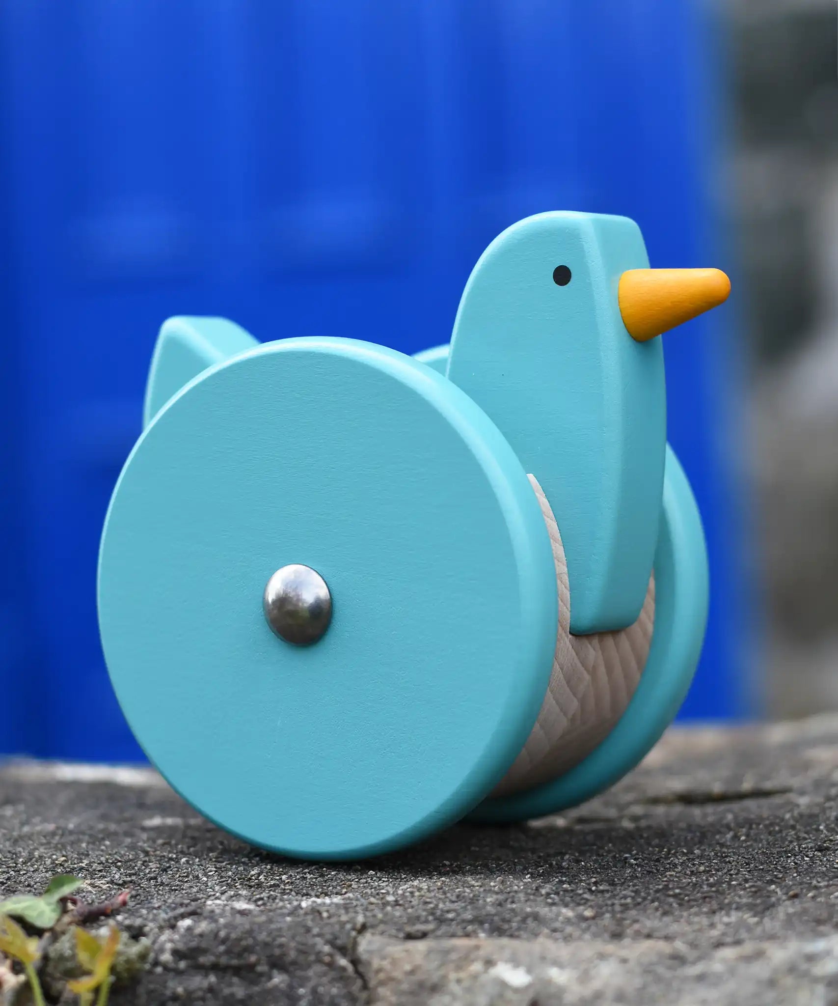 Bajo blue wobbling chicken push along toy placed on a stone wall.