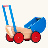 Bajo wooden dolls pram and walker with blue hood and handle. The hood is shown tilted back.