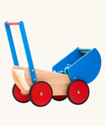 Bajo wooden dolls pram and walker with blue hood and handle. The hood is shown tilted back.