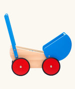Side of the Bajo wooden dolls pram and walker with blue hood and handle. The hood has been tilted back.