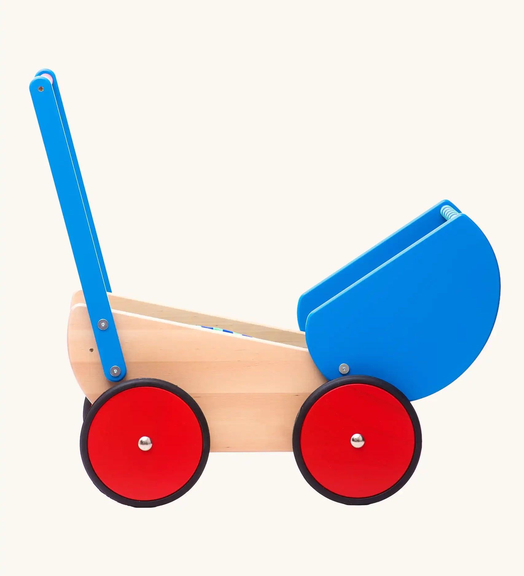 Side of the Bajo wooden dolls pram and walker with blue hood and handle. The hood has been tilted back.