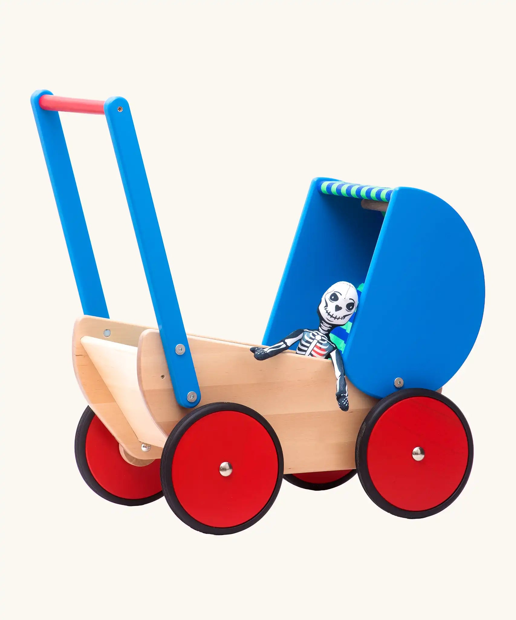 Bajo wooden dolls pram and walker with blue hood and handle. A soft toy has been placed inside the toy pram.