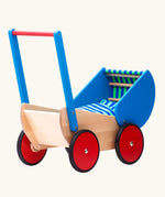 Bajo wooden dolls pram and walker with blue hood and handle.