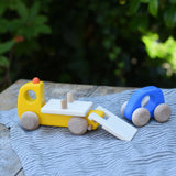 Bajo yellow breakdown lorry wooden toy with a blue coloured car.