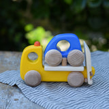 Bajo yellow breakdown lorry wooden toy with a blue coloured car.