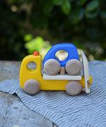 Bajo yellow breakdown lorry wooden toy with a blue coloured car.