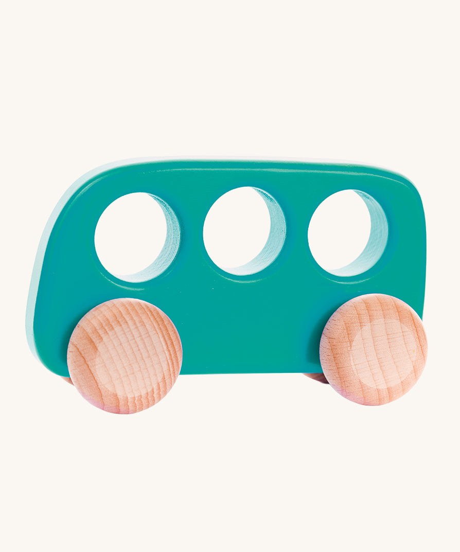 A Bajo teal coloured wooden push along bus toy. This bus is part of a wide range of Bajo wooden toy vehicles available at Babipur.