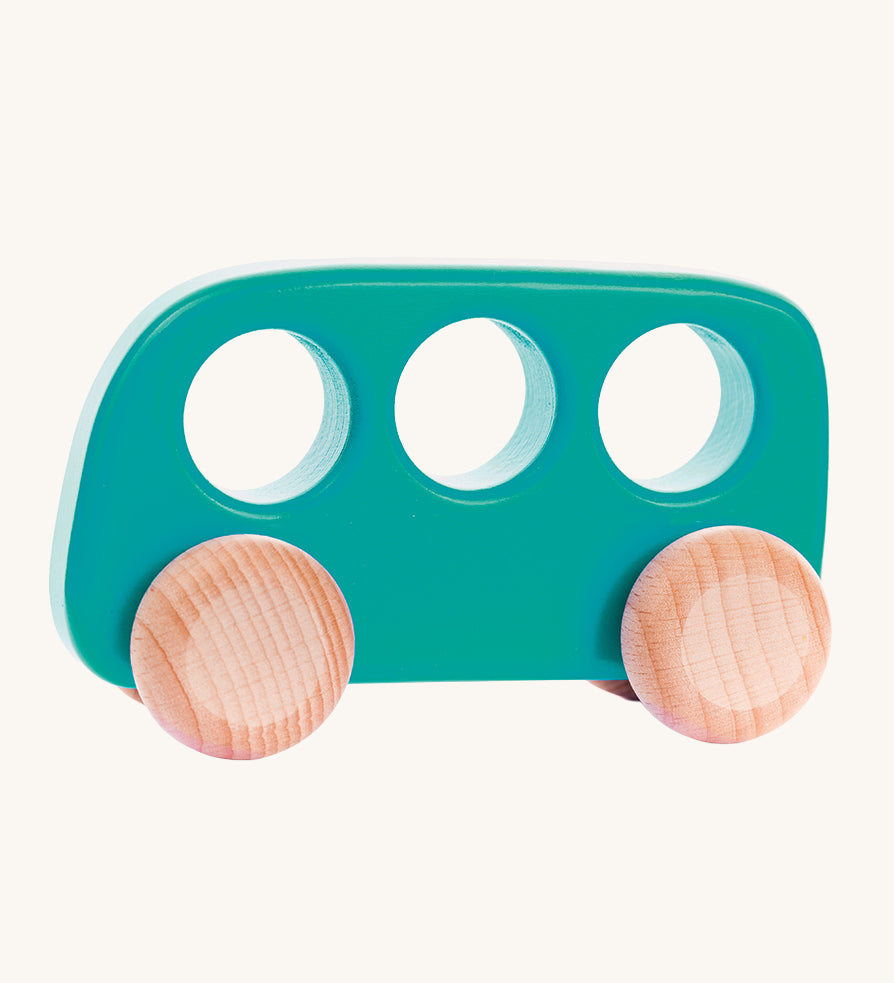 A Bajo teal coloured wooden push along bus toy. This bus is part of a wide range of Bajo wooden toy vehicles available at Babipur.