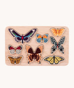 Bajo World Of Butterflies Sorter Puzzle. This puzzle has butterfly shaped pieces that are decorated on both sides that slot into the coordinating shapes on the base. These heirloom quality toys by Bajo are part of a wide range of wooden toys available here at Babipur.