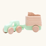 Bajo mint green 4x4 car and horse trailer wooden toy.