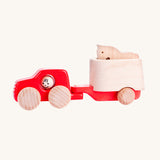 Bajo 4x4 Car & Horse Trailer. A red coloured wooden toy 4x4 car with matching trailer that comes with a wooden horse figure.These heirloom quality toys by Bajo are part of a wide range of wooden toys available here at Babipur.