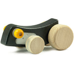 The Bajo pull back caterpillar has natural wood wheels, and a black body that moves back and forth as it is pulled back, making a fun buzzing sound as it travels