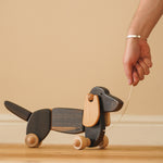 Close up of hand pulling the string on the Bajo dark oak dachshund pull along toy dog