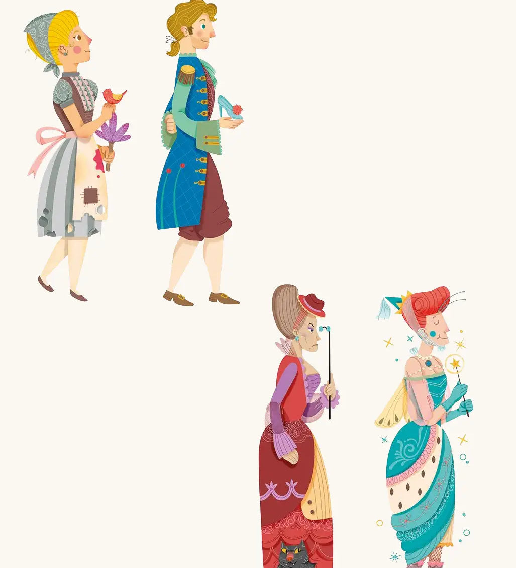 Illustrations of the different characters from the Bajo Cinderella story telling blocks
