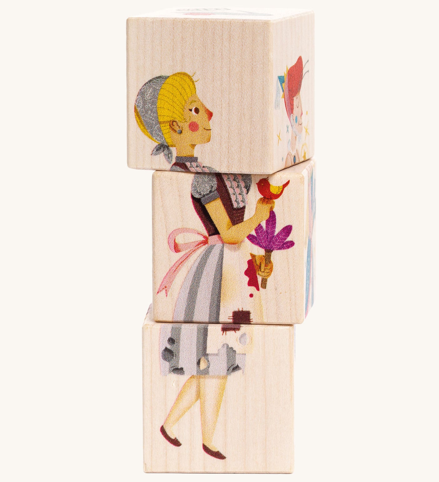 Bajo Cinderella Turning Storytelling Blocks. Three wooden blocks attached to each other that turn to reveal a part of a character on each piece. These heirloom quality toys by Bajo are part of a wide range of wooden toys available here at Babipur. 