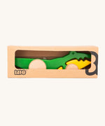 Bajo Pull Along Crocodile wooden toy shown in the cardboard box packaging.  A green and yellow crocodile on natural wooden wheels with a string attached to the front.
These heirloom quality toys by Bajo are part of a wide range of wooden toys available here at Babipur. 