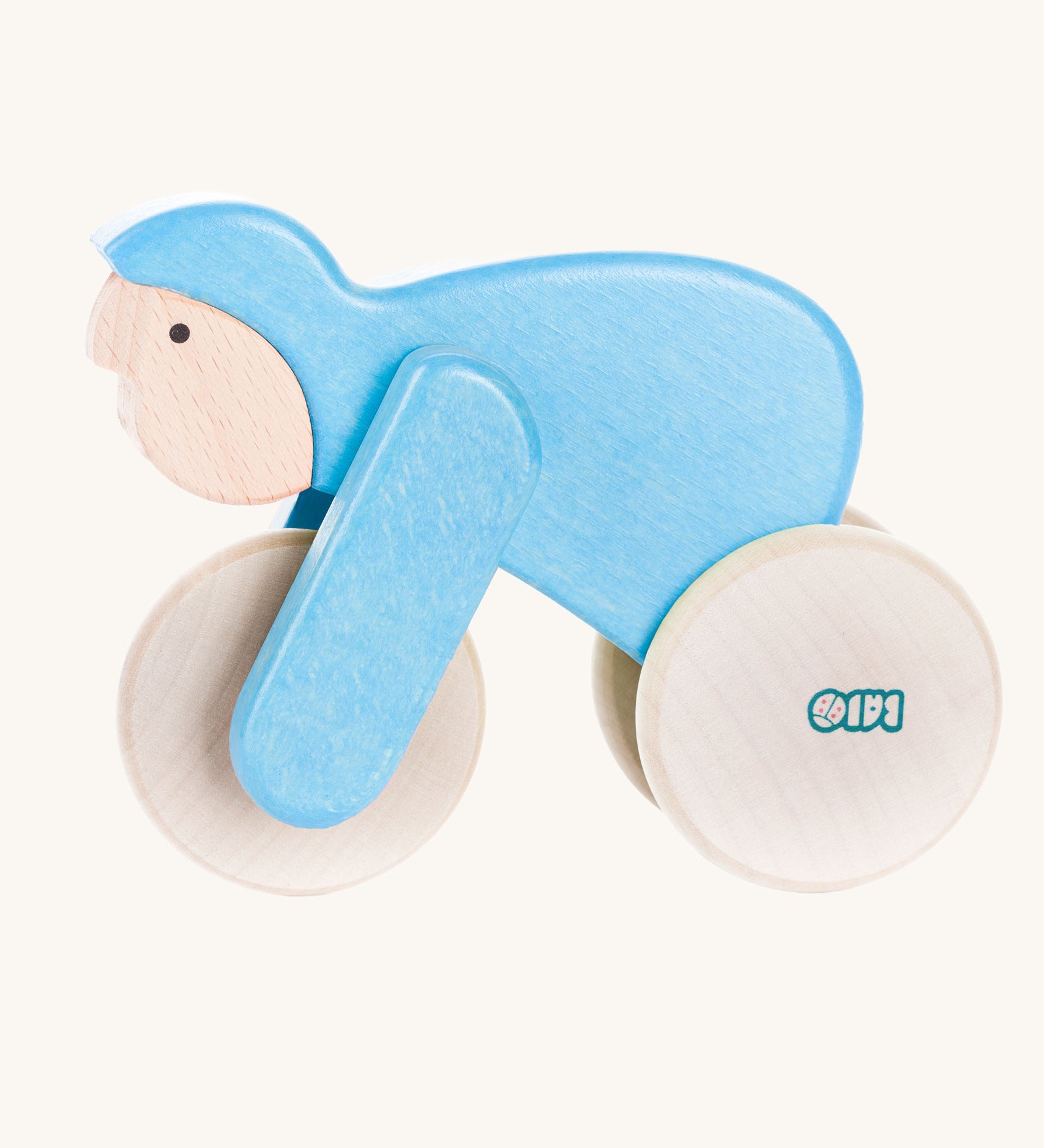 A blue Bajo Velo cyclist wooden toy. This wooden toy is part of a wide range of push along toys available at Babipur.