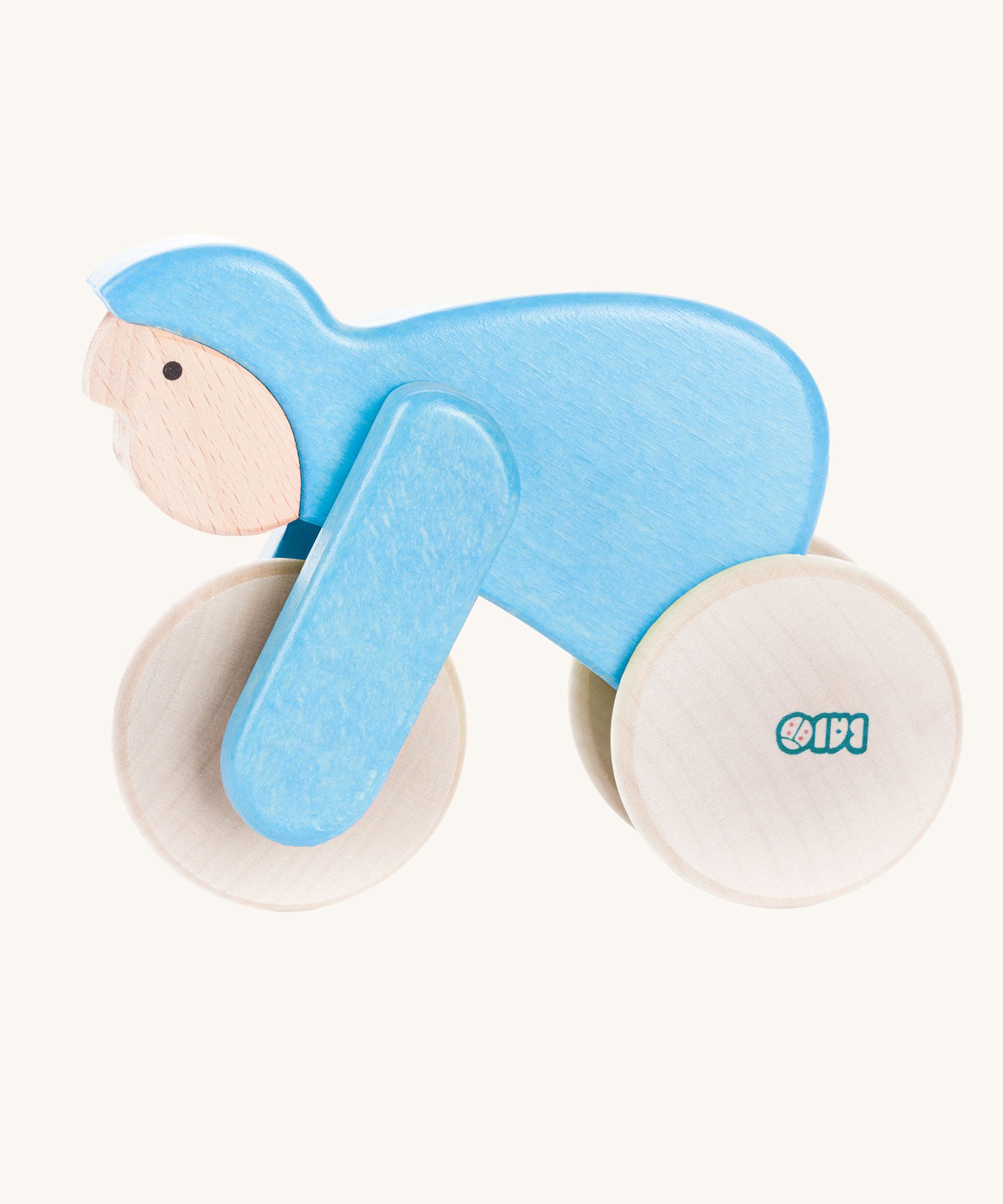 A blue Bajo Velo cyclist wooden toy. This wooden toy is part of a wide range of push along toys available at Babipur.