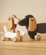 A Bajo white wooden dachshund puppy standing next to the dark oak and natural dachshund pull along dogs available at Babipur.