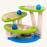 Bajo toys wooden dewdrop ball run. A wooden ball run with a blue painted base and green painted dew drop shaped platforms. 