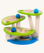 Bajo toys wooden dewdrop ball run. A wooden ball run with a blue painted base and green painted dew drop shaped platforms. 