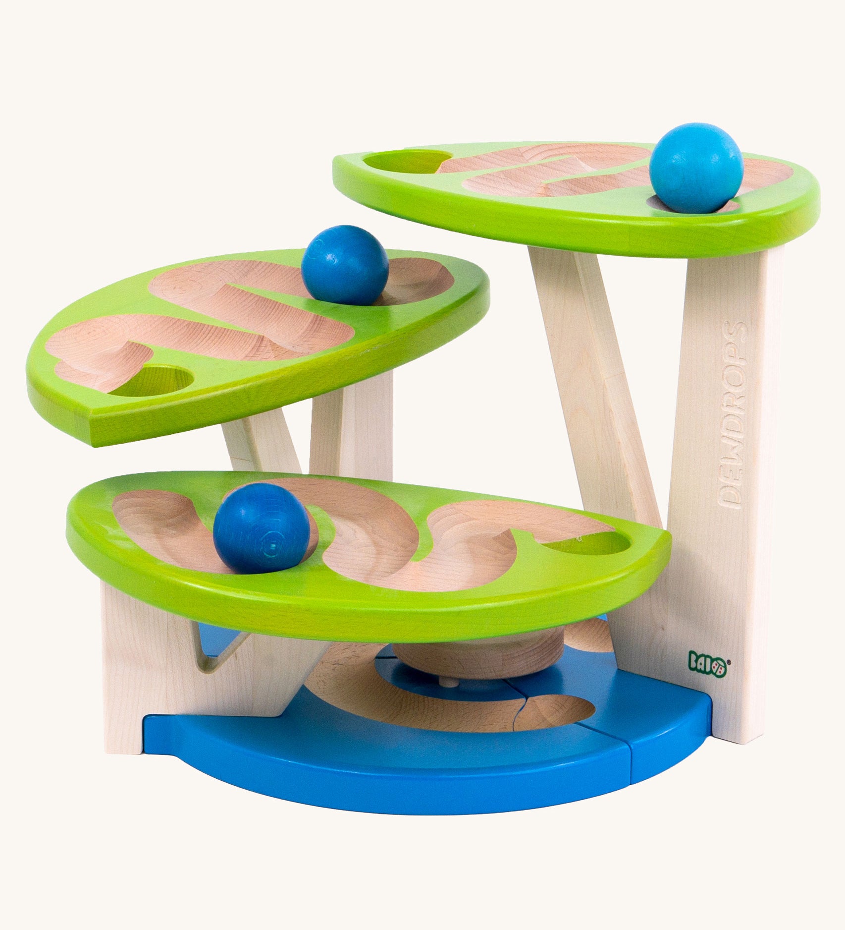 Bajo toys wooden dewdrop ball run. A wooden ball run with a blue painted base and green painted dew drop shaped platforms. 