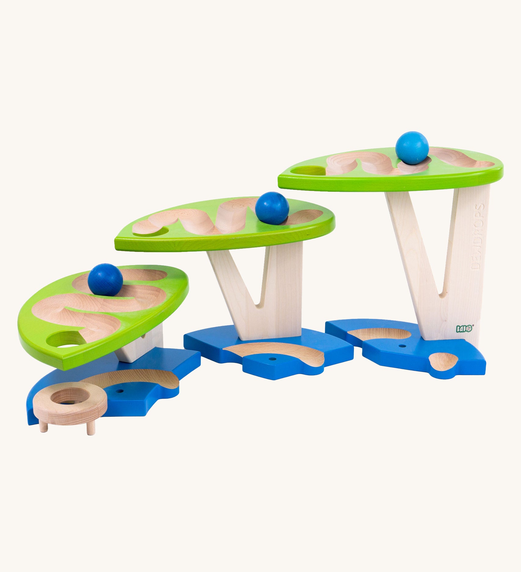 Bajo toys wooden dewdrop ball run. A wooden ball run with a blue painted base and green painted dew drop shaped platforms. 