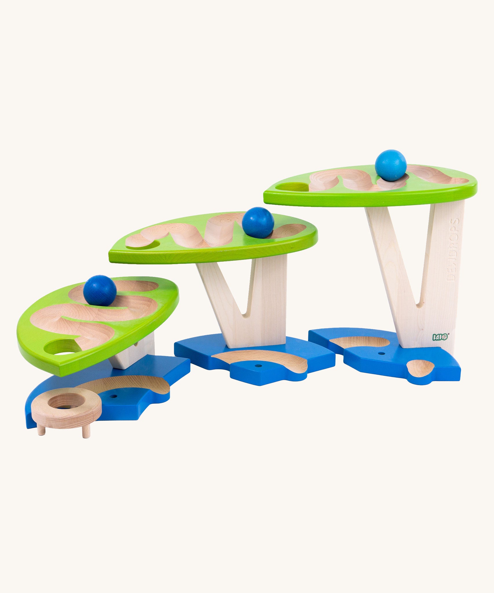 Bajo toys wooden dewdrop ball run. A wooden ball run with a blue painted base and green painted dew drop shaped platforms. 