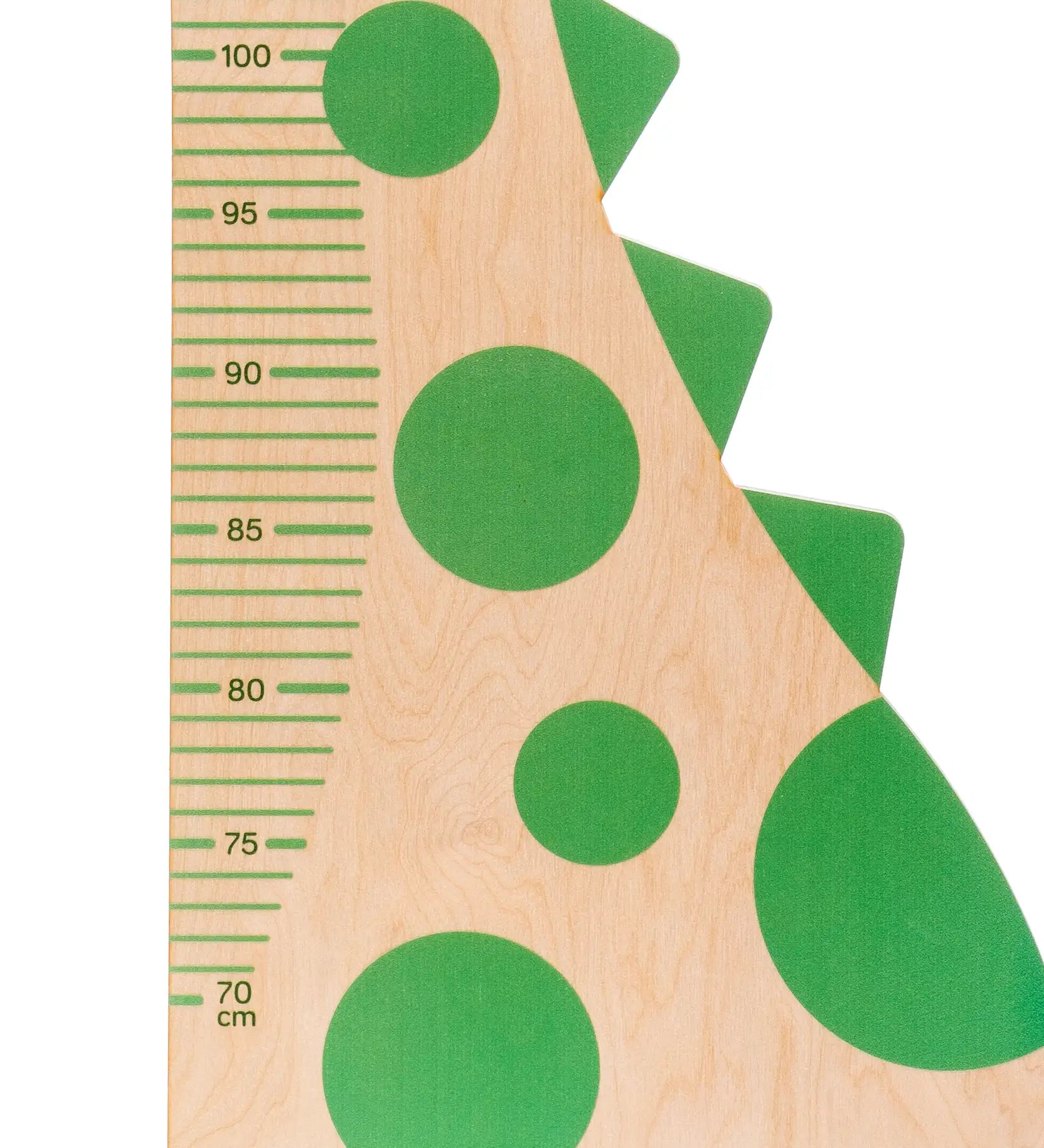 Close up of the measure markings on the Bajo dinosaur measuring growth chart.