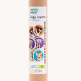The cardboard packaging tube of the Bajo Dogs Memory Game. A set of 32 wooden discs featuring 16 different dog breeds printed on one side. These heirloom quality toys by Bajo are part of a wide range of wooden toys available here at Babipur.