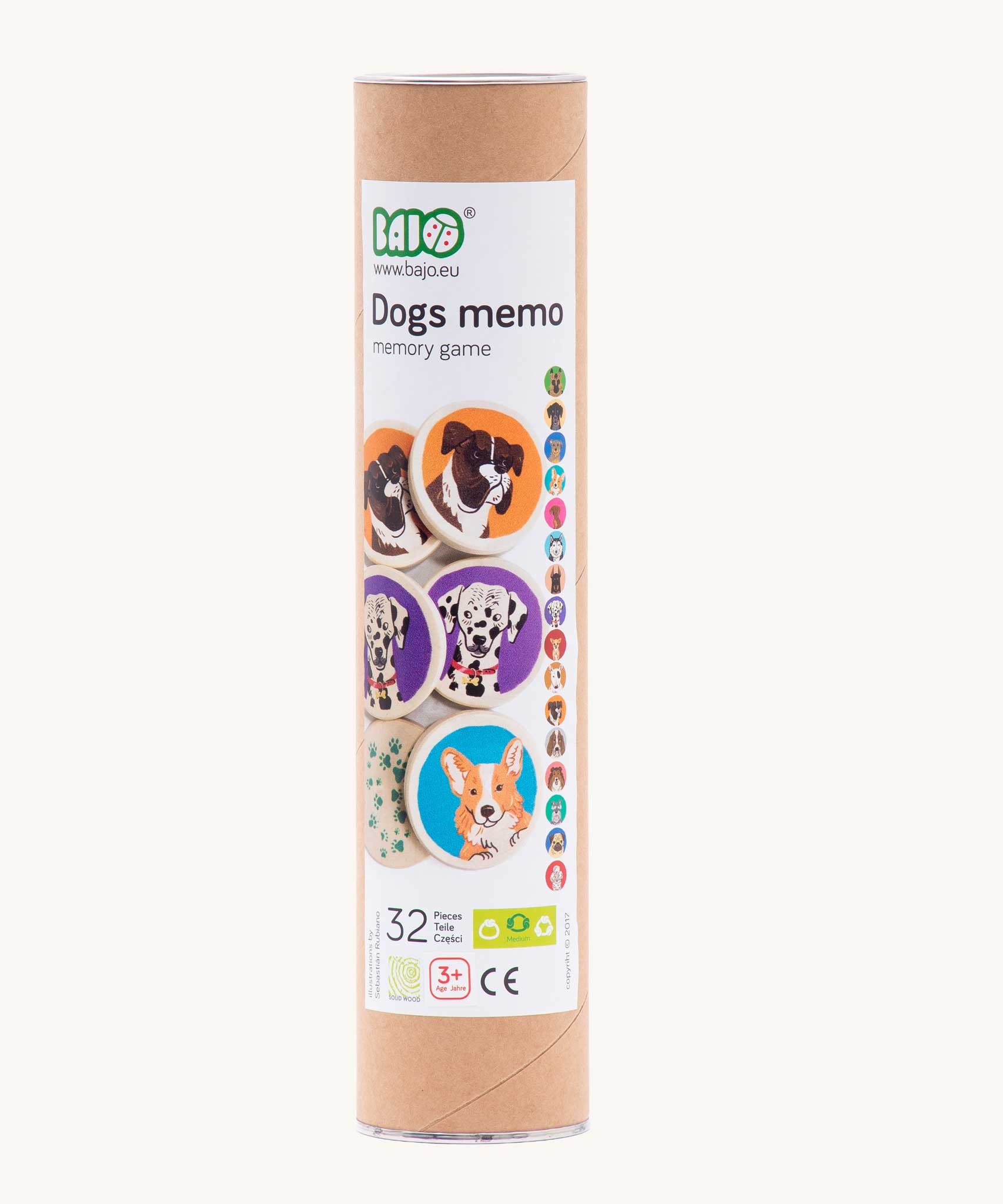 The cardboard packaging tube of the Bajo Dogs Memory Game. A set of 32 wooden discs featuring 16 different dog breeds printed on one side. These heirloom quality toys by Bajo are part of a wide range of wooden toys available here at Babipur.