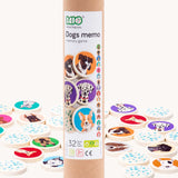 Bajo Dogs Memory Game. A set of 32 wooden discs featuring 16 different dog breeds printed on one side. These heirloom quality toys by Bajo are part of a wide range of wooden toys available here at Babipur.