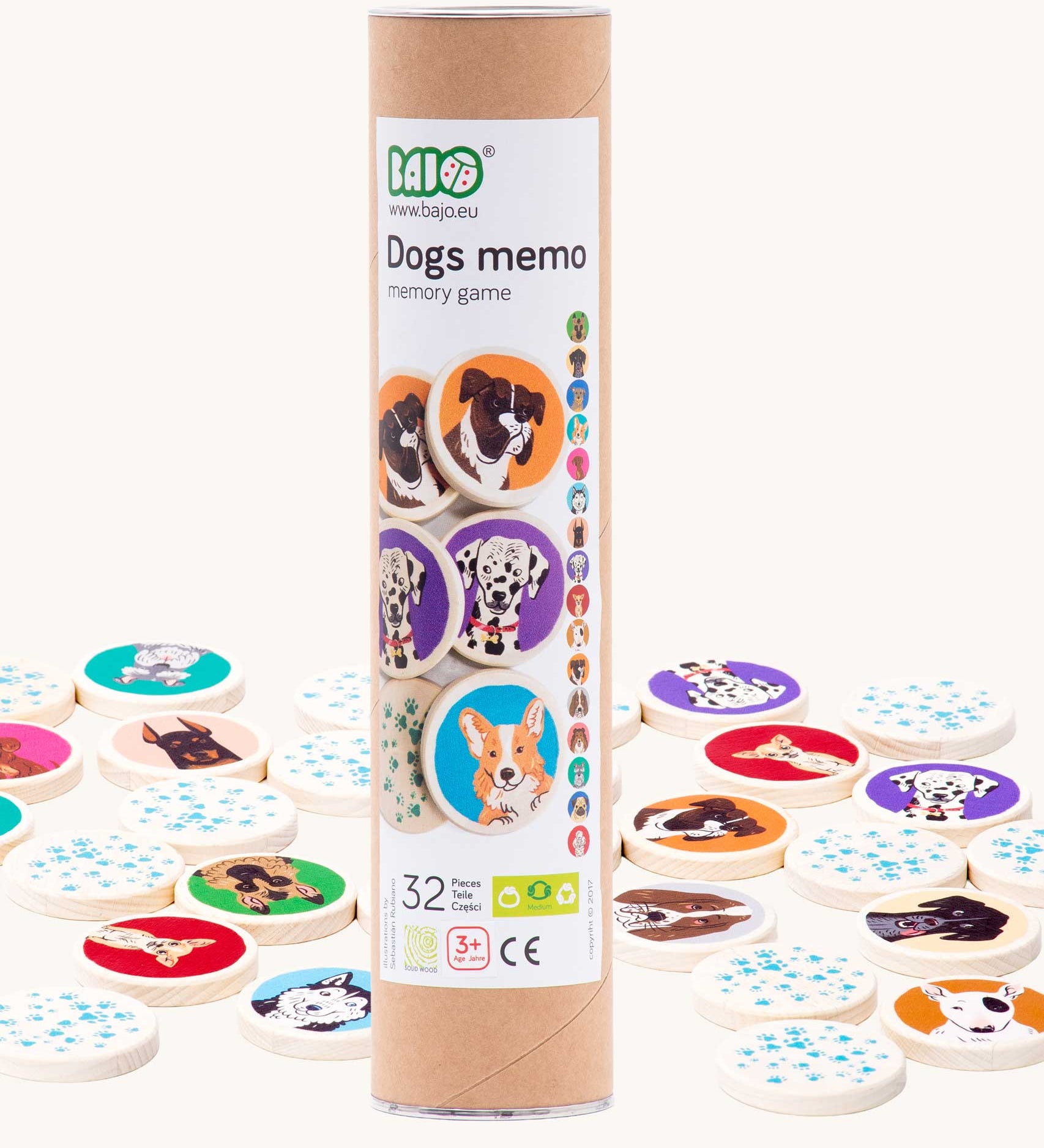 Bajo Dogs Memory Game. A set of 32 wooden discs featuring 16 different dog breeds printed on one side. These heirloom quality toys by Bajo are part of a wide range of wooden toys available here at Babipur.