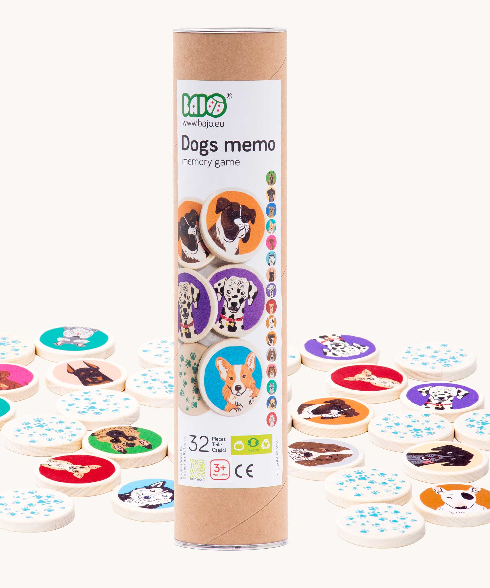 Bajo Dogs Memory Game. A set of 32 wooden discs featuring 16 different dog breeds printed on one side. These heirloom quality toys by Bajo are part of a wide range of wooden toys available here at Babipur.