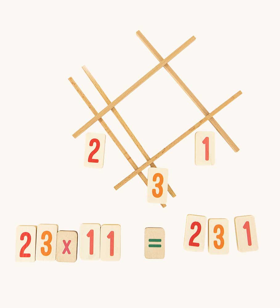Bajo Easy Maths Learning Set. A wooden educational set that comes with double sided number tiles and Japanese grid sticks. 