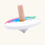 Bajo echo wooden spinning top toy.