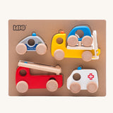 Bajo emergency vehicle wooden toy car set. A set of 4 emergency vehicles that includes a police car, car transporter with car, fire engine and ambulance. These heirloom quality toys by Bajo are part of a wide range of wooden toys available here at Babipur. 