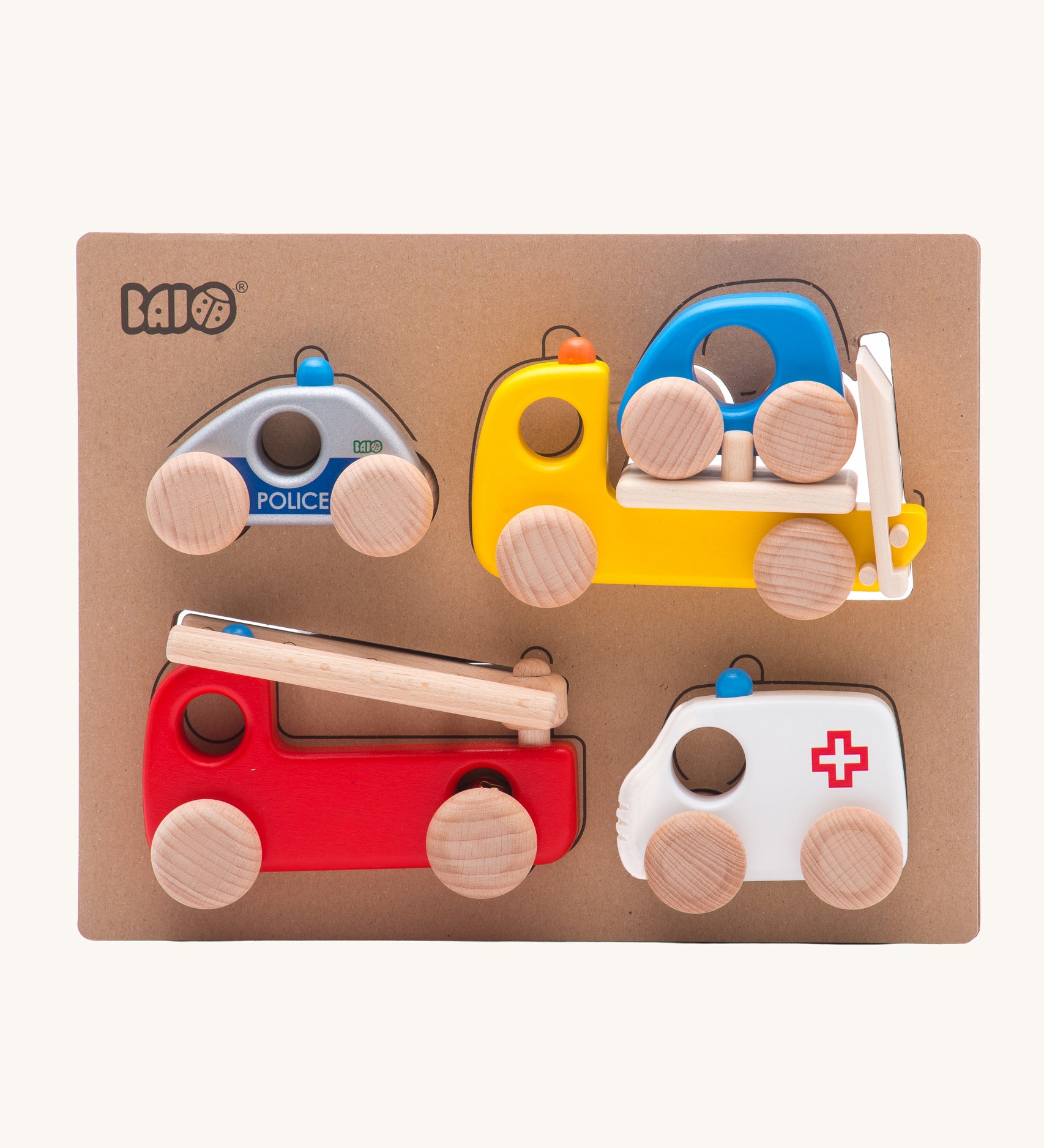 Bajo emergency vehicle wooden toy car set. A set of 4 emergency vehicles that includes a police car, car transporter with car, fire engine and ambulance. These heirloom quality toys by Bajo are part of a wide range of wooden toys available here at Babipur. 